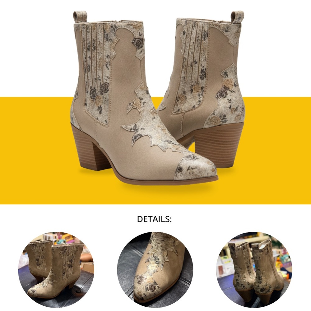 Beige Floral Western Ankle Boots • Tan Tooled Rose Cowboy Booties  - US 10 W